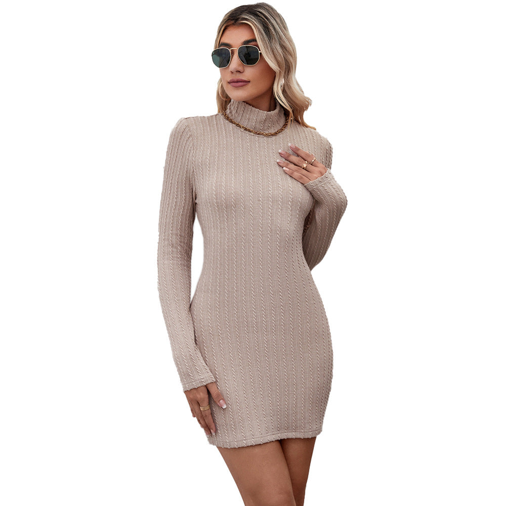 Damen figurbetontes Strickkleid mit Rollkragen und Zopfstrick-Optik Drune