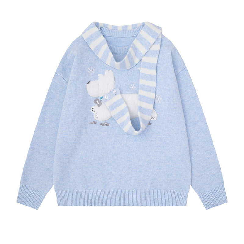 Damen Kuscheliger Strickpullover mit Eisbär-Applikation und eingearbeitetem Streifenschal Drune