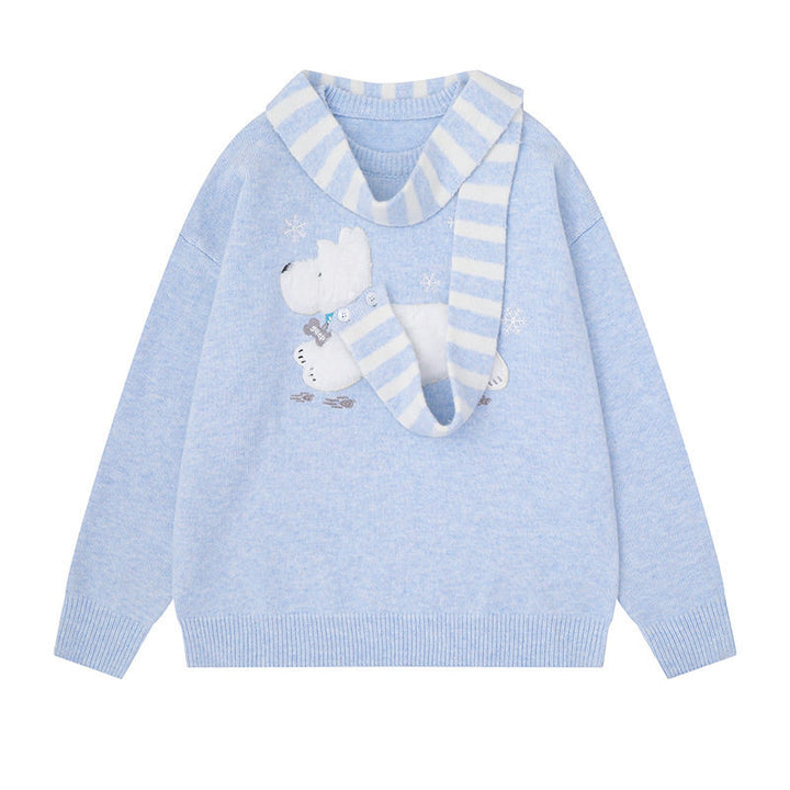 Damen Kuscheliger Strickpullover mit Eisbär-Applikation und eingearbeitetem Streifenschal Drune