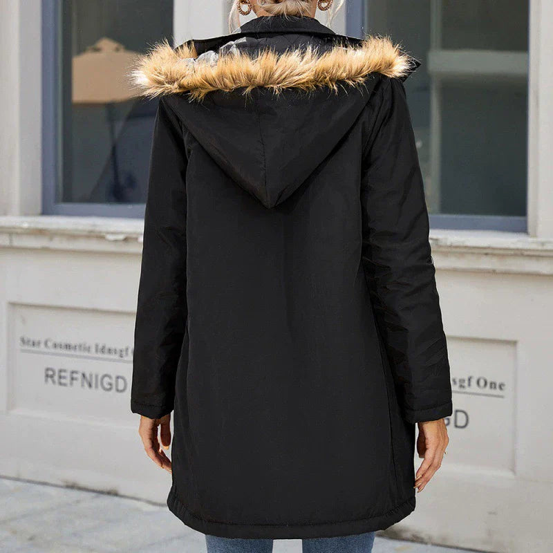 Drune | Damen Windbreaker Mantel – Mit Kapuze und Kunstfellbesatz – Gep quiltete Futter – Mittellang