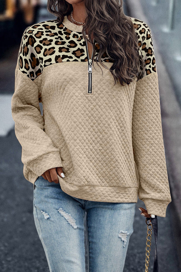 Drune Leopardenmuster Patchwork Reißverschluss Pullover Sweatshirt
