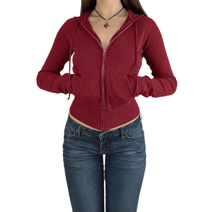 Damen nan schmal geschnittene Feinstrick-Hoodiejacke mit Metallzipper, Kängurutaschen und Daumenlochbündchen Drune