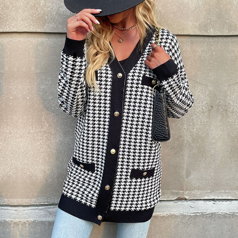 Damen Oversized Strickcardigan mit Hahnentritt-Muster und goldenen Zierknöpfen Drune