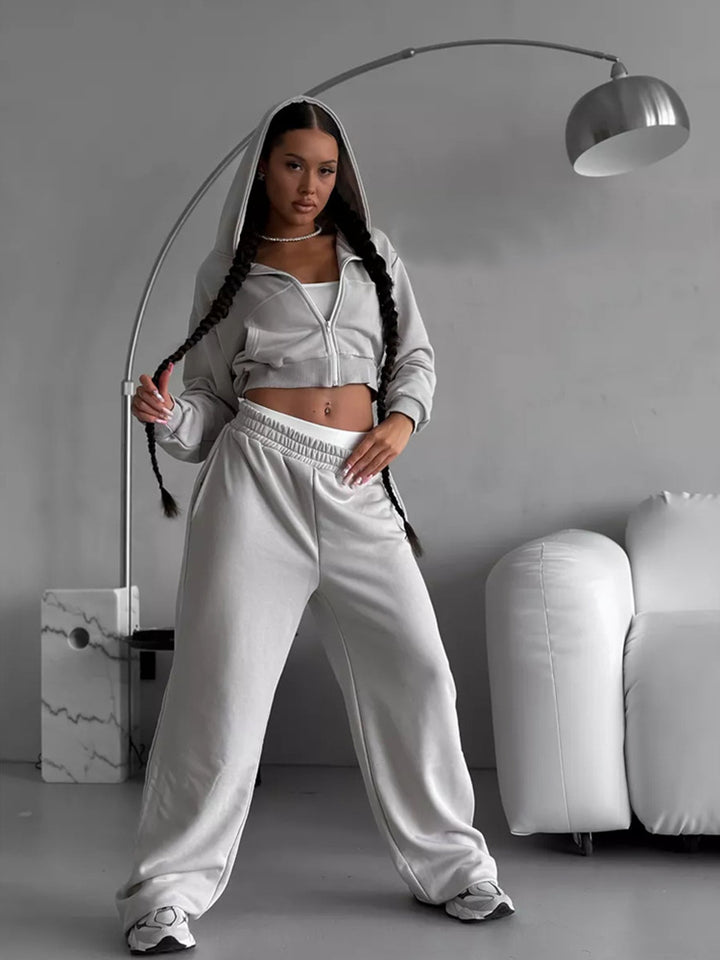 Damen kurzes Zip-Kapuzensweatshirt mit tailliertem Bündchen und weitem High‑Waist French‑Terry Jogginghose Set Drune