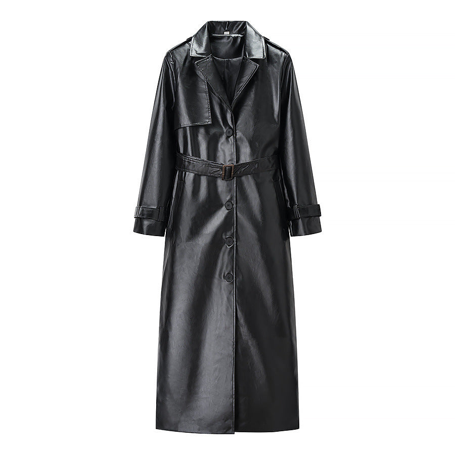 Damen nan langer veganer Trenchcoat aus Lederimitat mit Taillengürtel und Epauletten Drune