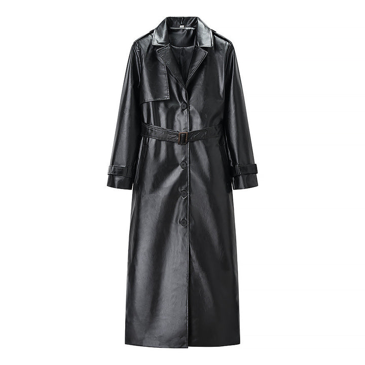 Damen nan langer veganer Trenchcoat aus Lederimitat mit Taillengürtel und Epauletten Drune