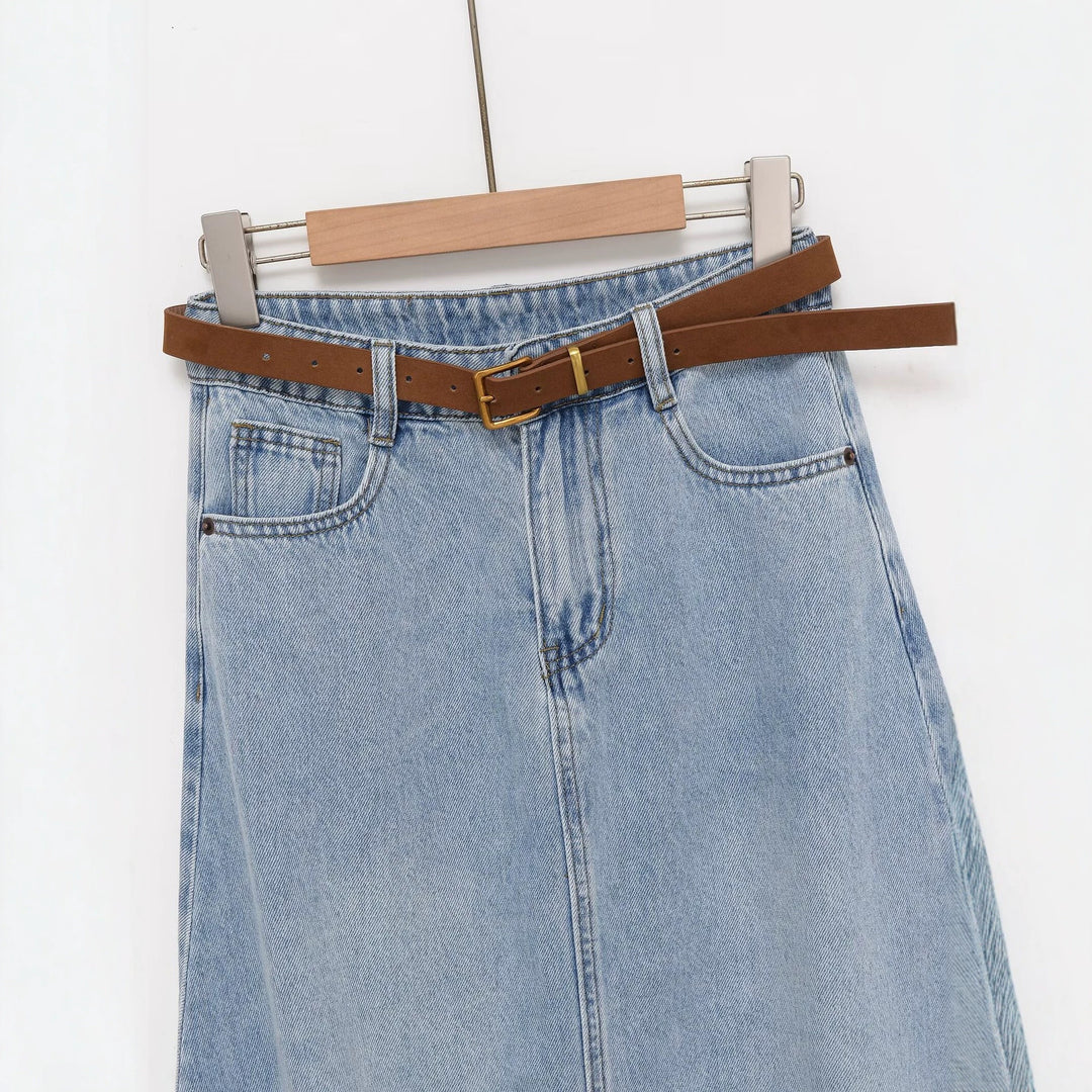 Damen Jeans-Midirock im A-Linien-Schnitt mit hohem Bund und Taillengürtel Drune