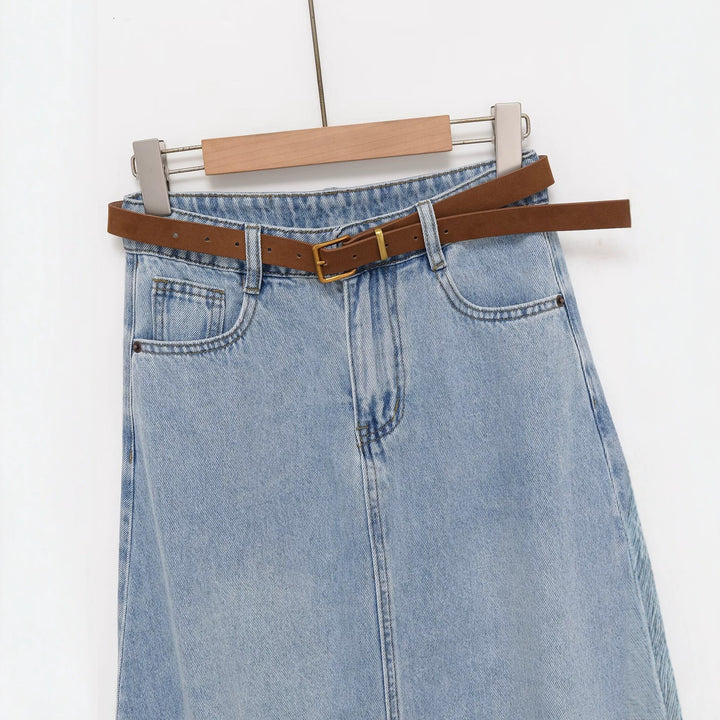 Damen Jeans-Midirock im A-Linien-Schnitt mit hohem Bund und Taillengürtel Drune