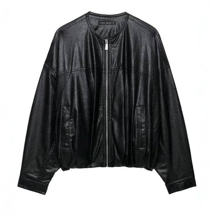 Damen Oversize Cropped Kunstleder‑Bomberjacke mit Rundhalsausschnitt und elastischem Saum Drune