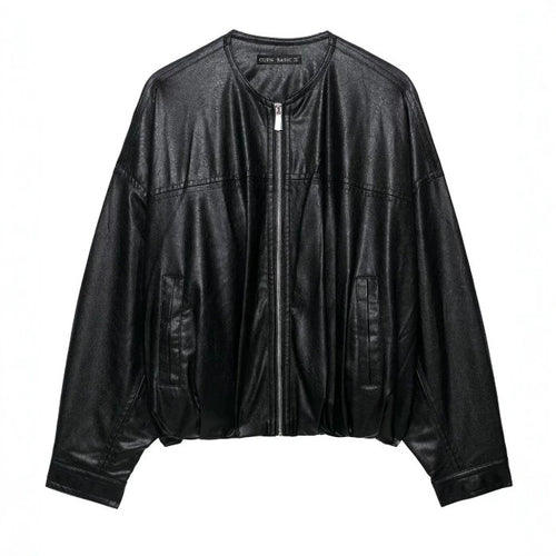 Damen Oversize Cropped Kunstleder‑Bomberjacke mit Rundhalsausschnitt und elastischem Saum Drune