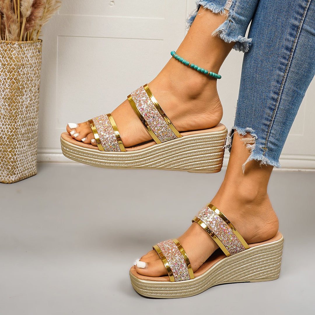 Damen Wedge-Sandalen mit funkelndem Glitter-Design und elegantem Riemensystem Drune