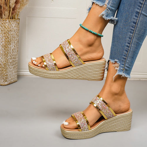Damen Wedge-Sandalen mit funkelndem Glitter-Design und elegantem Riemensystem Drune