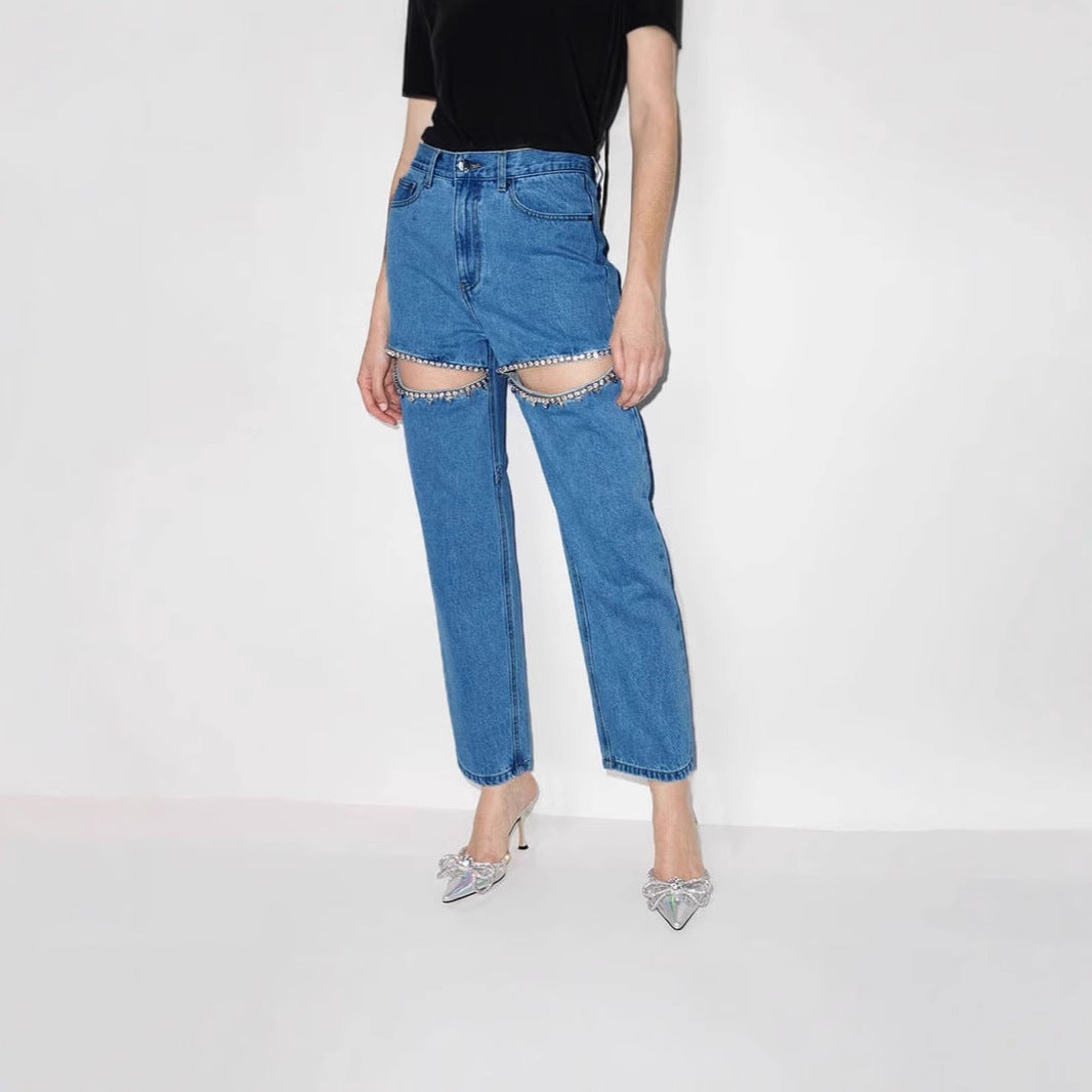 Damen Jeans mit ausgefallenem Cut-Out-Design und glitzernden Verzierungen Drune