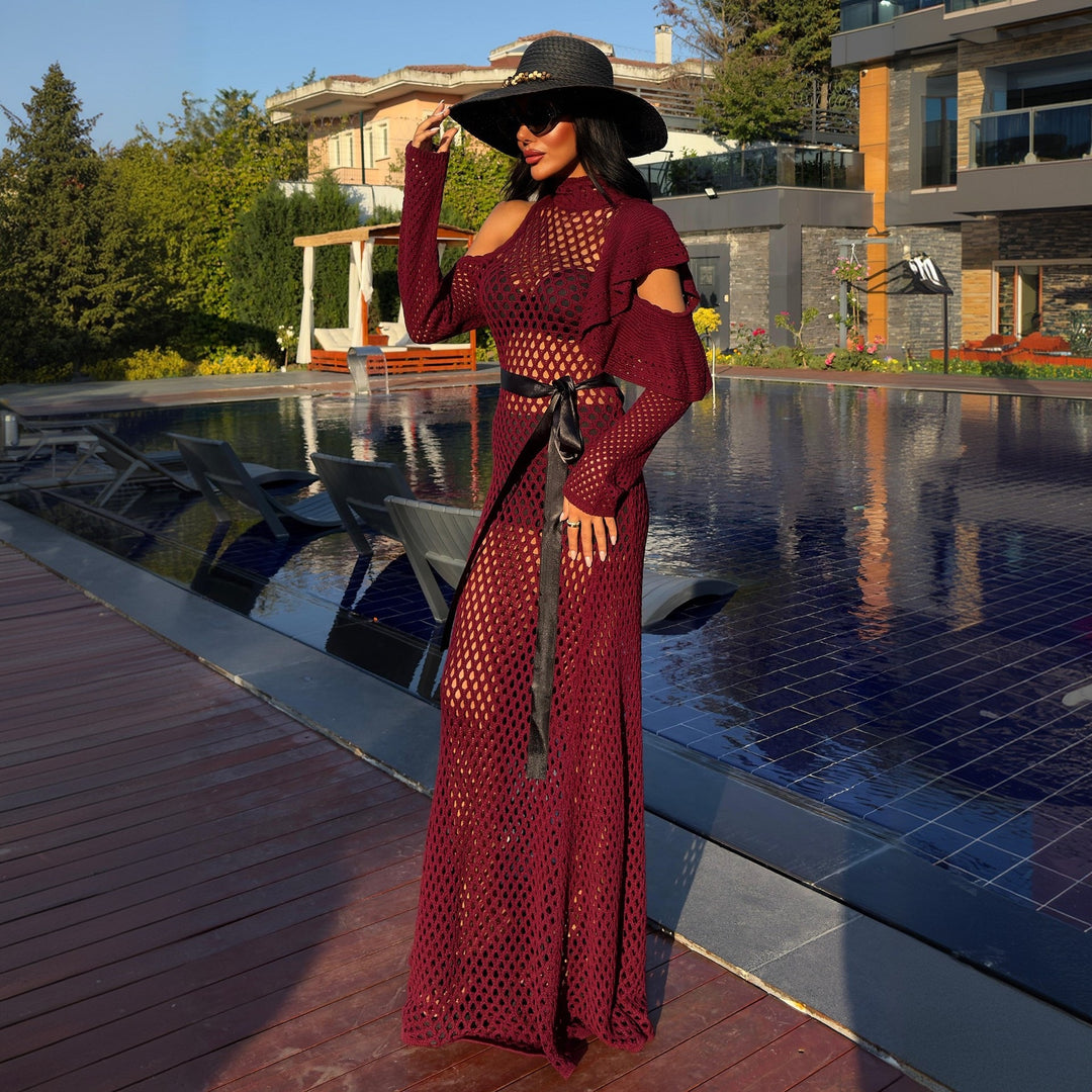 Damen schulterfreies Netzkleid mit eleganten Rüschen Drune