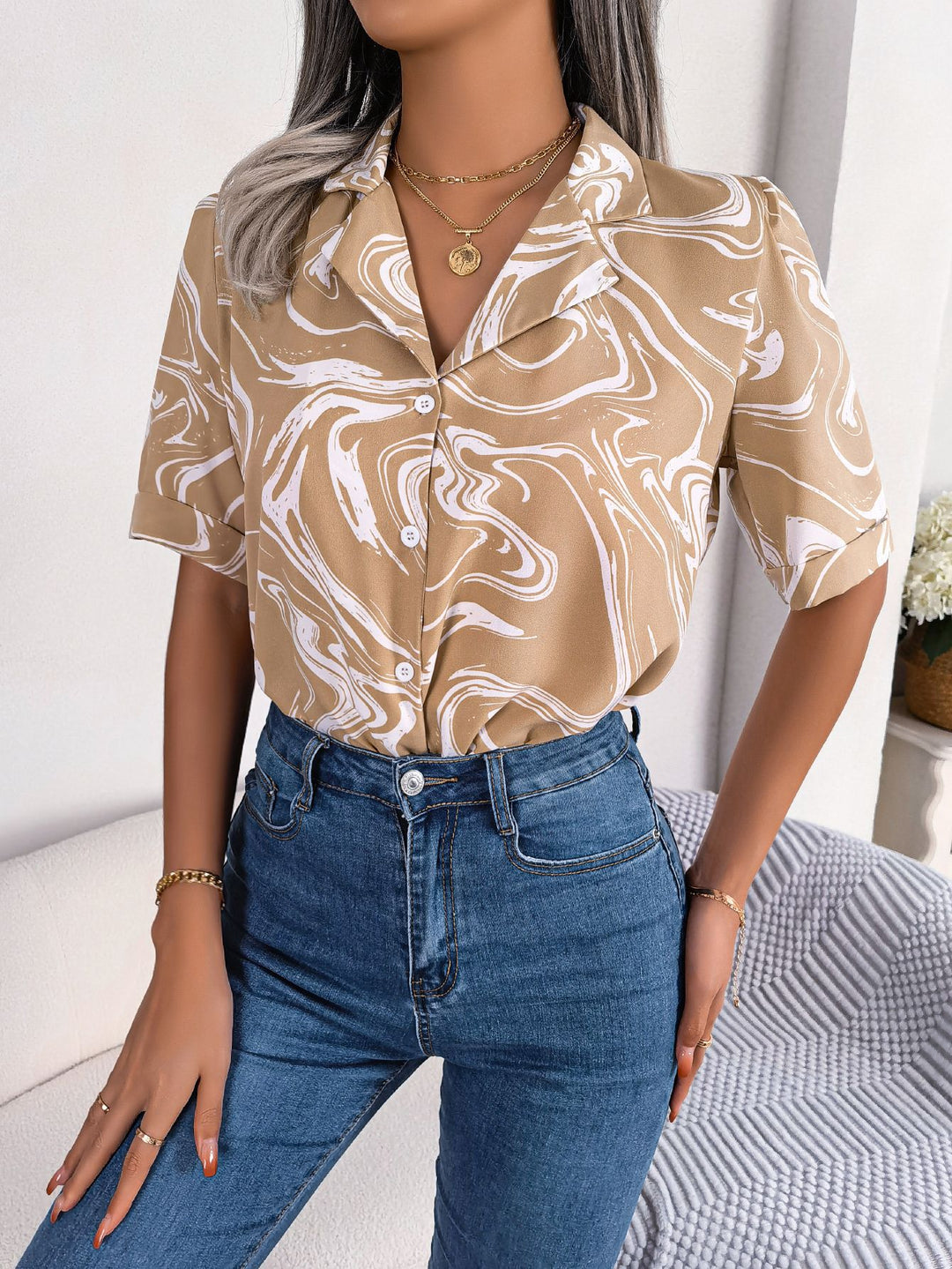 Damen Kurzärmlige Bluse mit modernem Marmor-Muster Drune