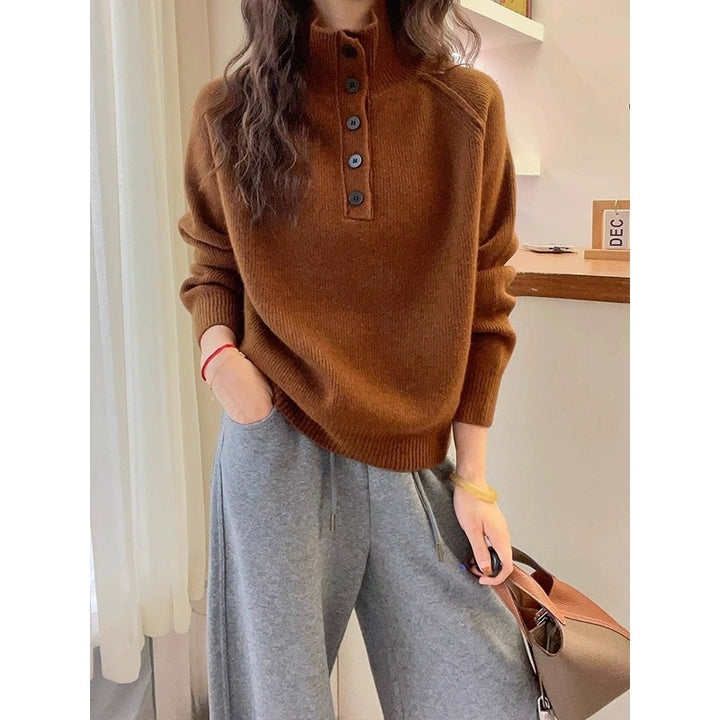 Damen lässiger Strickpullover mit Knopfleiste und kurzem Kragen Drune