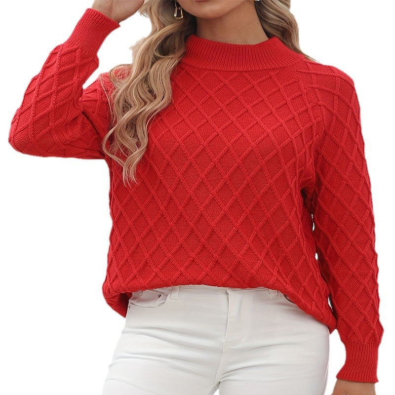 Damen Grobstrickpullover mit trendigem Rautenmuster und hohem Kragen Drune