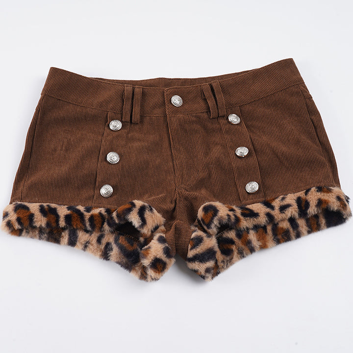 Damen modische Shorts aus Cord mit Kragenfransen und dekorativen Knöpfen Drune