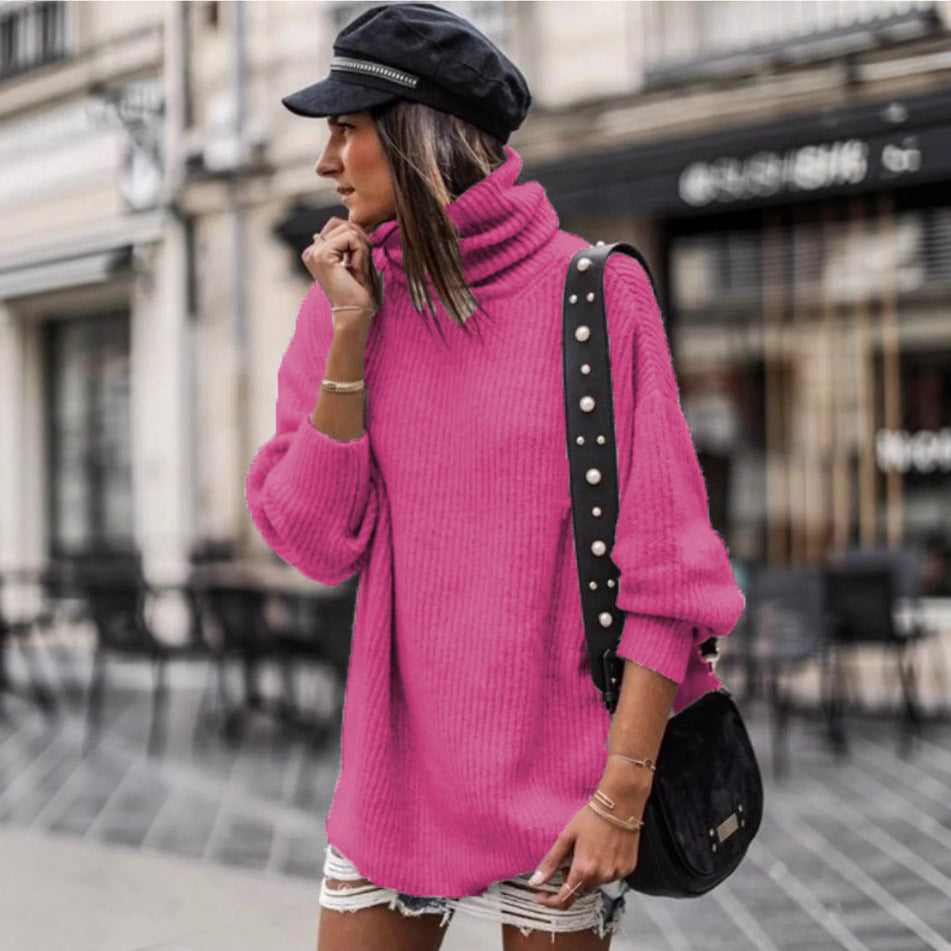 Damen Grobstrickpullover mit hohem Kragen und eleganten Knopfdetails Drune