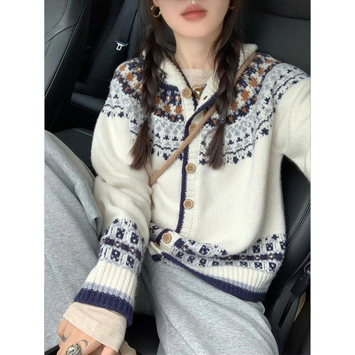 Damen Strickjacke mit traditionellen Norweger-Mustern und Knopfverschluss Drune