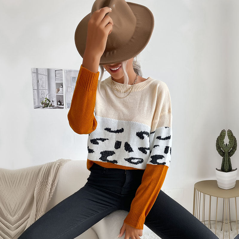 Damen Colorblock Strickpullover mit Leopardenmuster, Rundhals und lässiger Passform Drune