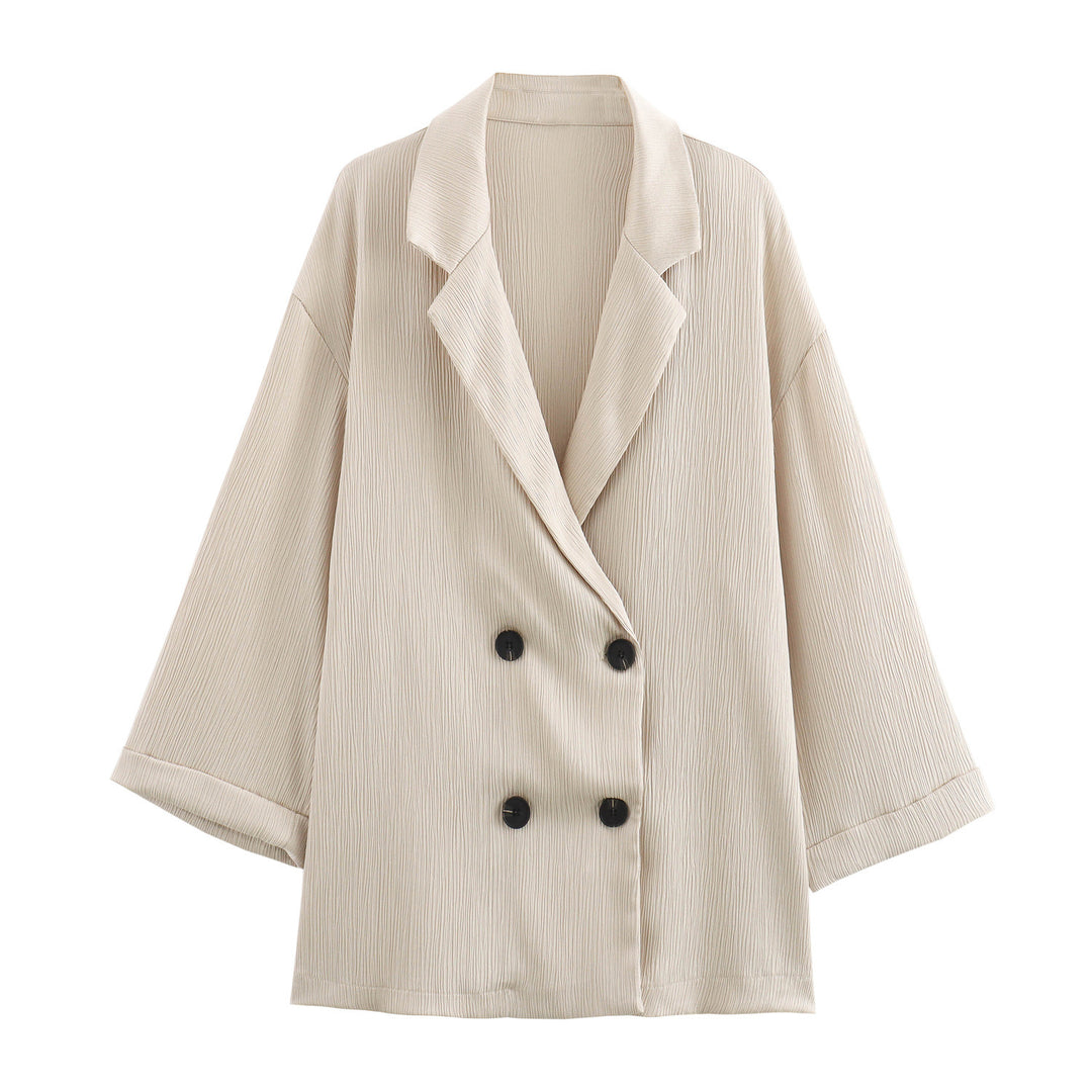 Damen Oversize Doppelreihiger Blazer mit Plissee‑Struktur und dreiviertelärmeln Drune