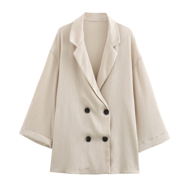 Damen Oversize Doppelreihiger Blazer mit Plissee‑Struktur und dreiviertelärmeln Drune