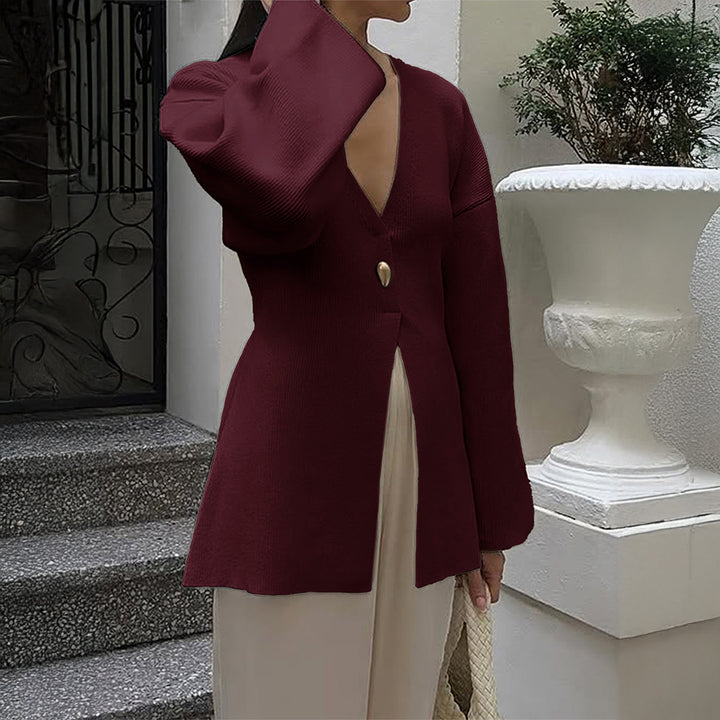 Damen nan taillierter Feinstrick-Cardigan mit V-Ausschnitt, Zierknopf und frontaler Schlitz Drune