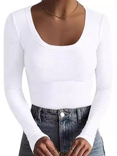 Damen Schmal geschnittenes Langarm-Feinstricktop mit weitem U-Ausschnitt Drune
