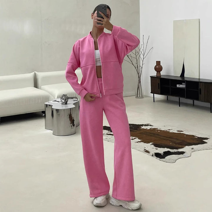Damen lässiges Zip-Lounge-Set mit Stehkragen und weitem Highwaist-Joggpant Drune