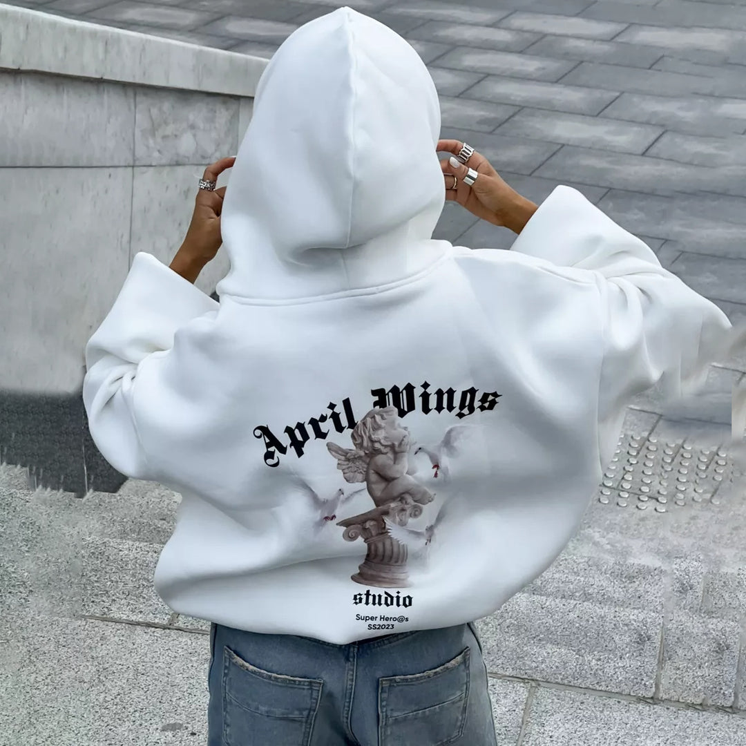 Damen oversized Kapuzenpullover mit Engels-Print und kunstvollem Rückendruck Drune
