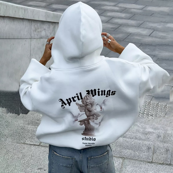 Damen oversized Kapuzenpullover mit Engels-Print und kunstvollem Rückendruck Drune