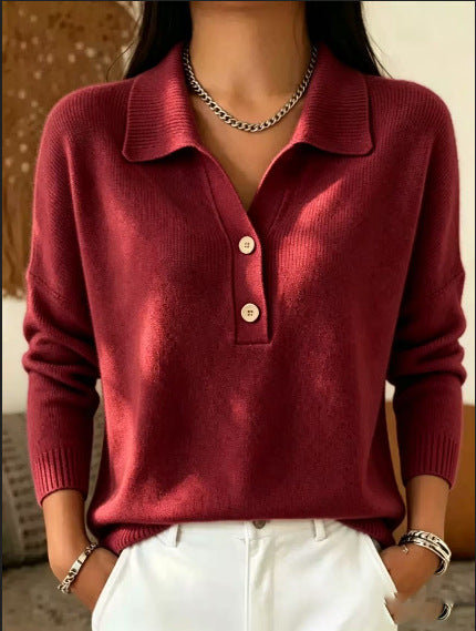 Damen Polokragen-Pullover mit halber Knopfleiste und geripptem Saum Drune