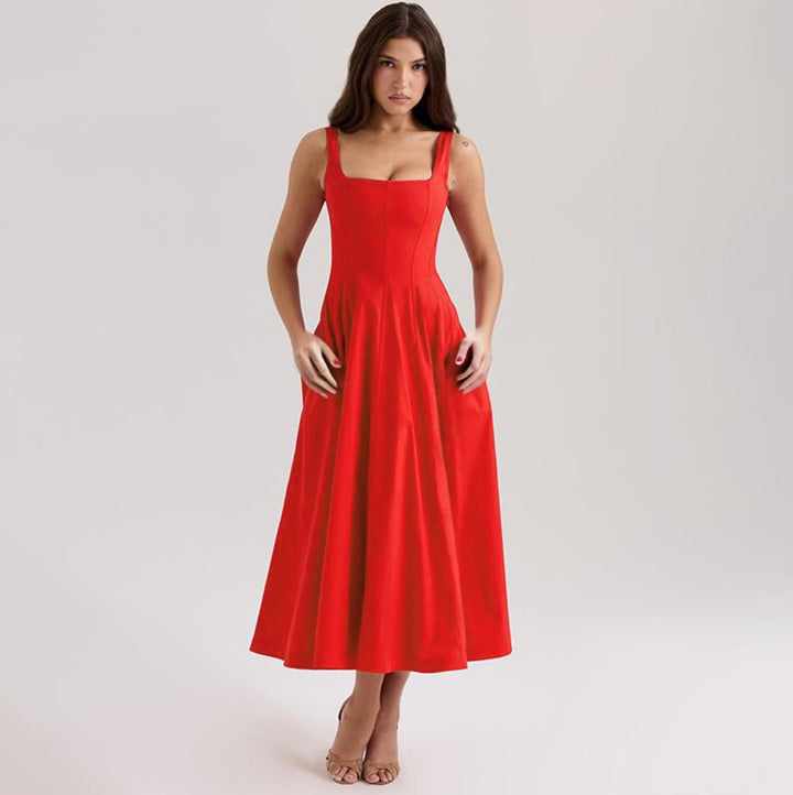 Damen elegantes Maxikleid mit quadratischem Ausschnitt und fließendem Rock Drune