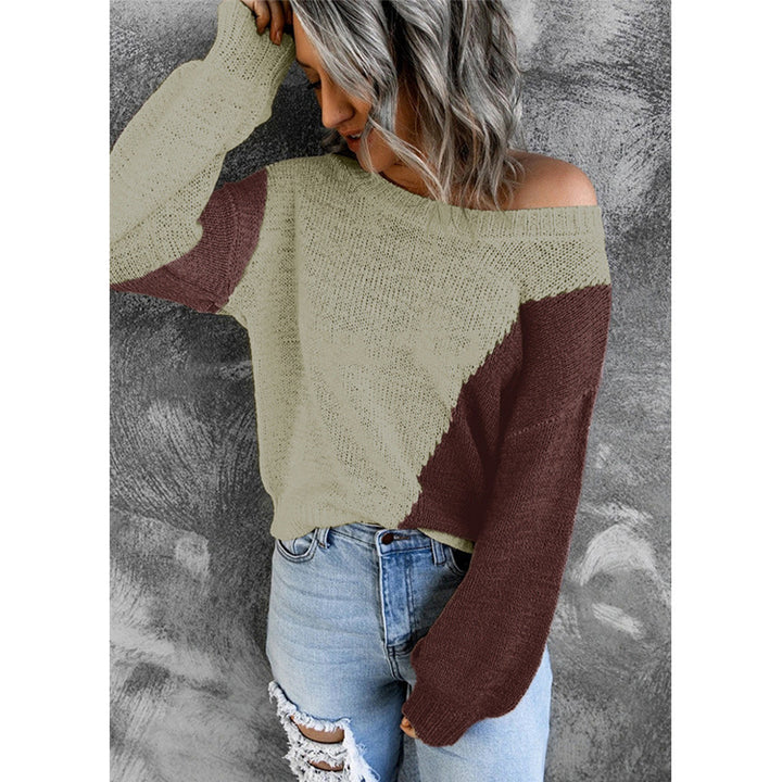 Damen Oversize Schulterfreier Strickpullover mit Colorblock-Design und weiten Ärmeln Drune