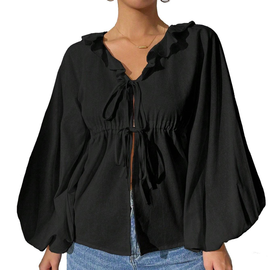 Damen lässige Rüschenbluse mit V‑Ausschnitt, Bindebändern und weiten Ballonärmeln Drune
