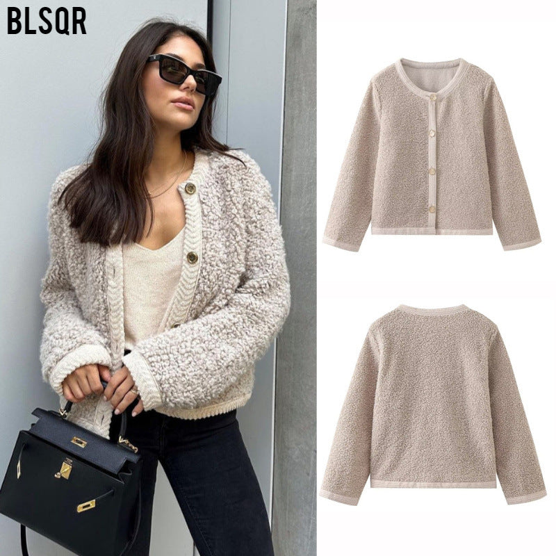 Damen Bouclé-Strickjacke mit Knopfleiste und Rundhalsausschnitt Drune