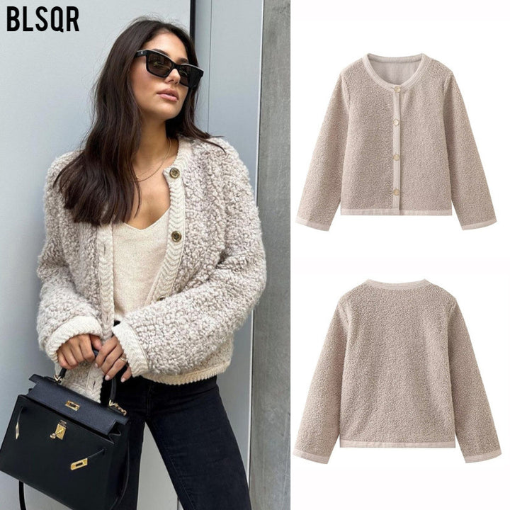 Damen Bouclé-Strickjacke mit Knopfleiste und Rundhalsausschnitt Drune