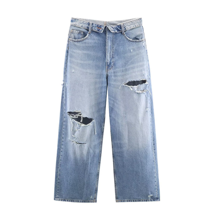 Damen nan weite hochgeschnittene Vintage-Jeans mit Destroyed-Effekten Drune