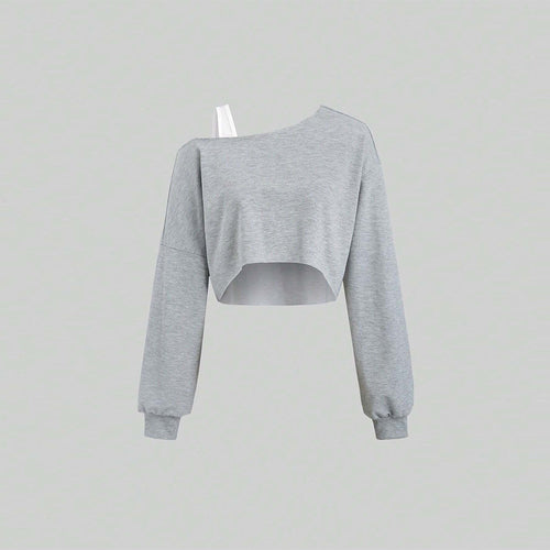 Damen cropped Off-Shoulder Sweatshirt mit einseitigem Träger, Ballonärmeln und Rippbündchen Drune