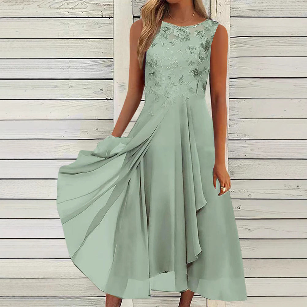 Damen nan ärmelloses Chiffon-Midikleid mit bestickter Brustpartie und asymmetrischem Lagenrock Drune