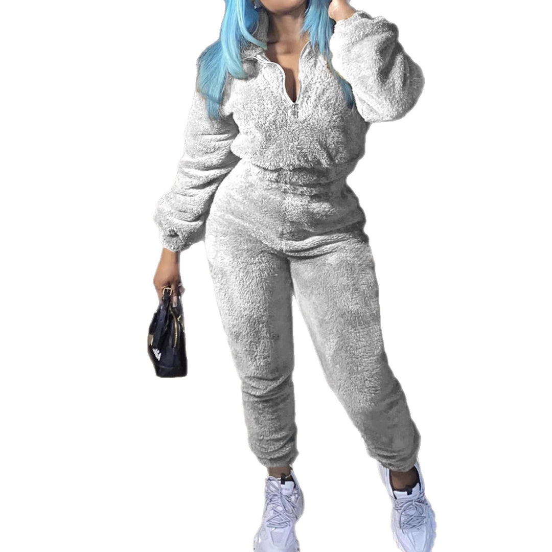 Damen nan kuscheliges Teddy-Fleece Zweiteiler mit Halbreißverschluss und High-Waist Jogginghose Drune