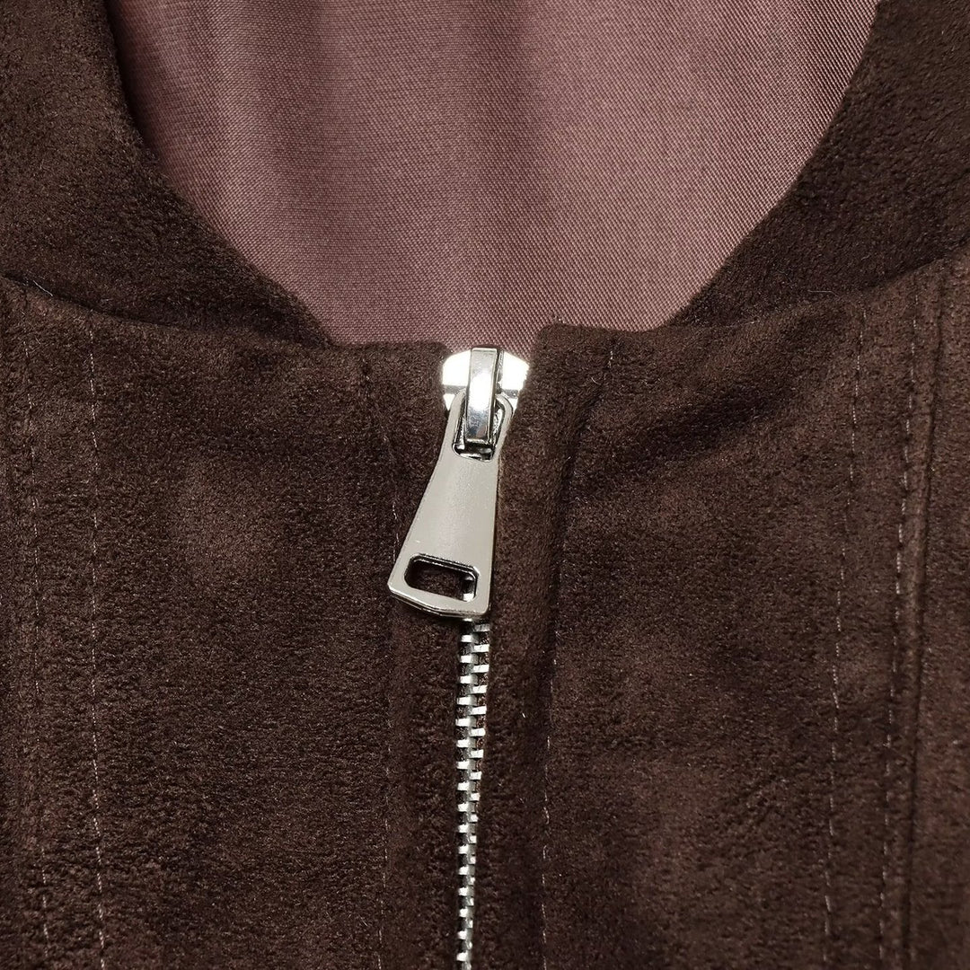 Damen Kurzer Wildlederoptik-Bomber mit Reißverschluss und aufgesetzten Taschen Drune