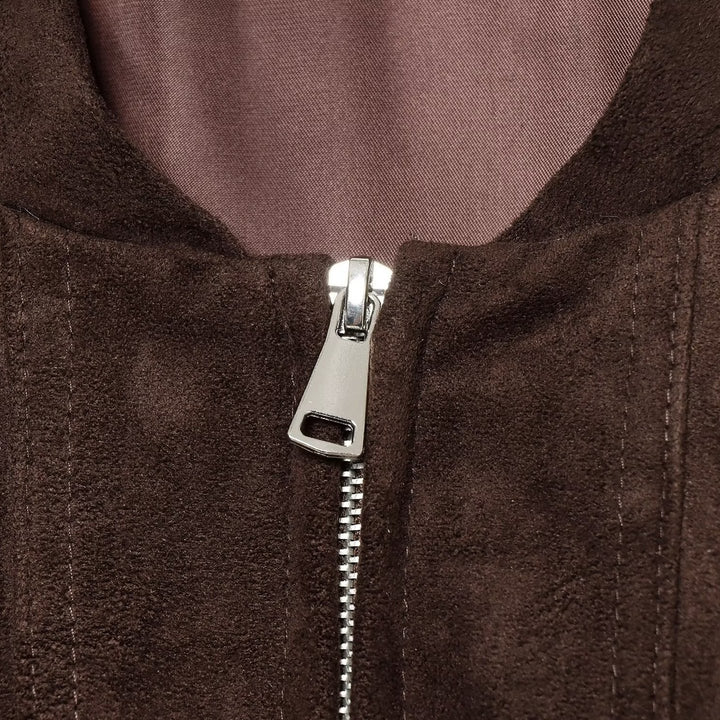 Damen Kurzer Wildlederoptik-Bomber mit Reißverschluss und aufgesetzten Taschen Drune