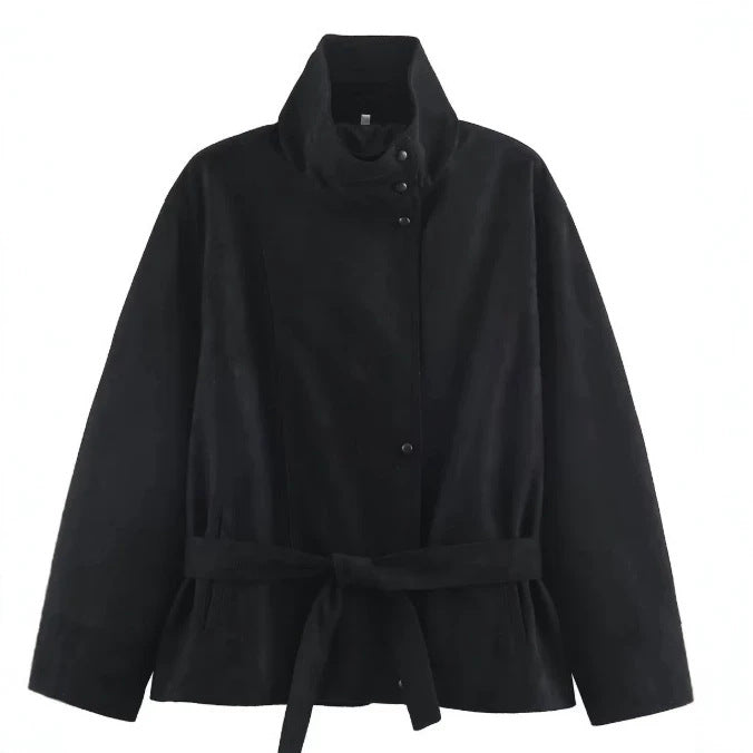 Damen Veloursleder-Optikjacke mit hohem Stehkragen und Taillengürtel Drune