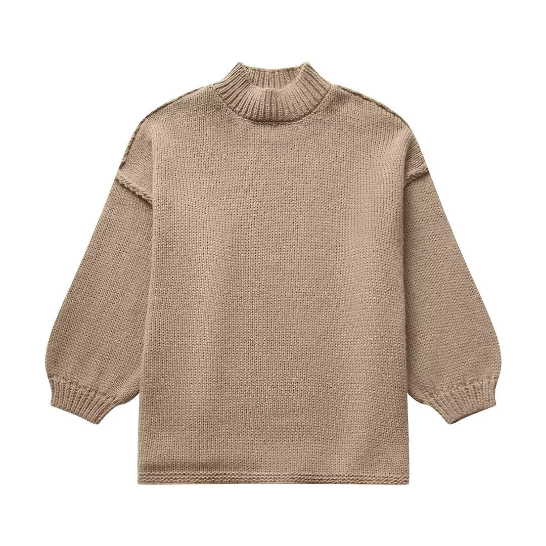 Damen Grobstrick-Pullover mit Stehkragen, überschnittenen Schultern und Ballonärmeln Drune
