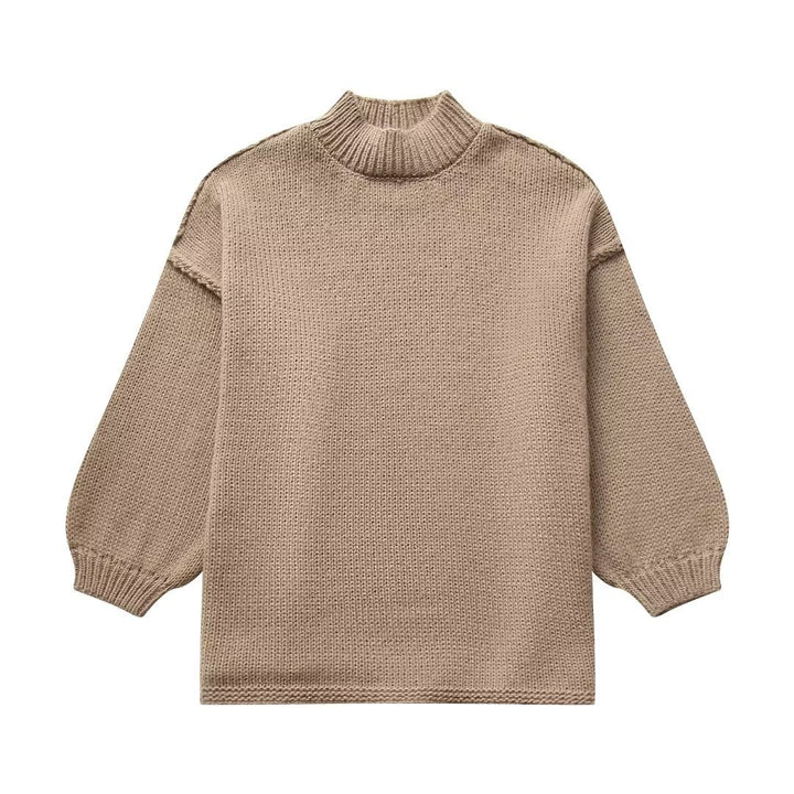 Damen Grobstrick-Pullover mit Stehkragen, überschnittenen Schultern und Ballonärmeln Drune