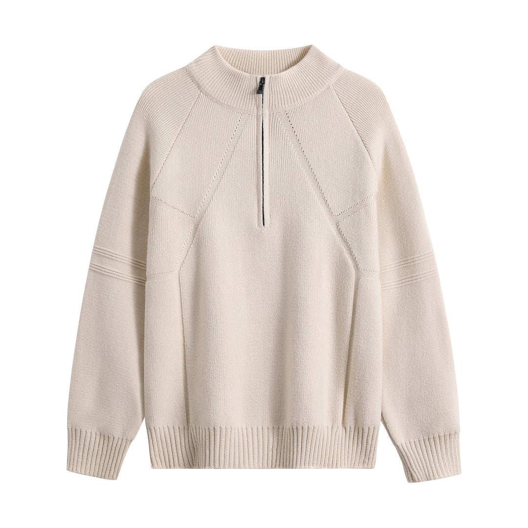 Unisex Oversize-Strickpullover mit Halbreißverschluss und geripptem Stehkragen Drune