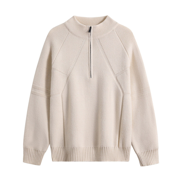 Unisex Oversize-Strickpullover mit Halbreißverschluss und geripptem Stehkragen Drune