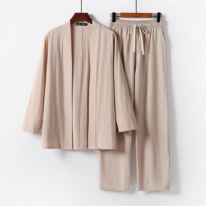 Herren Lockeres Kimono-Loungewear-Set aus leichter Baumwollmischung mit elastischer Kordelhose Drune